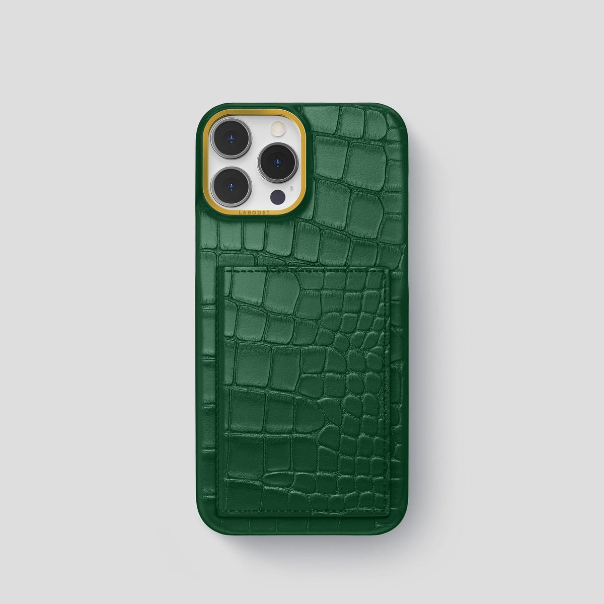 Forest-Green iPhone 15 Pro Bi-Fold Case Alligator with Gold Metal -2 | Forest-Green-Gold