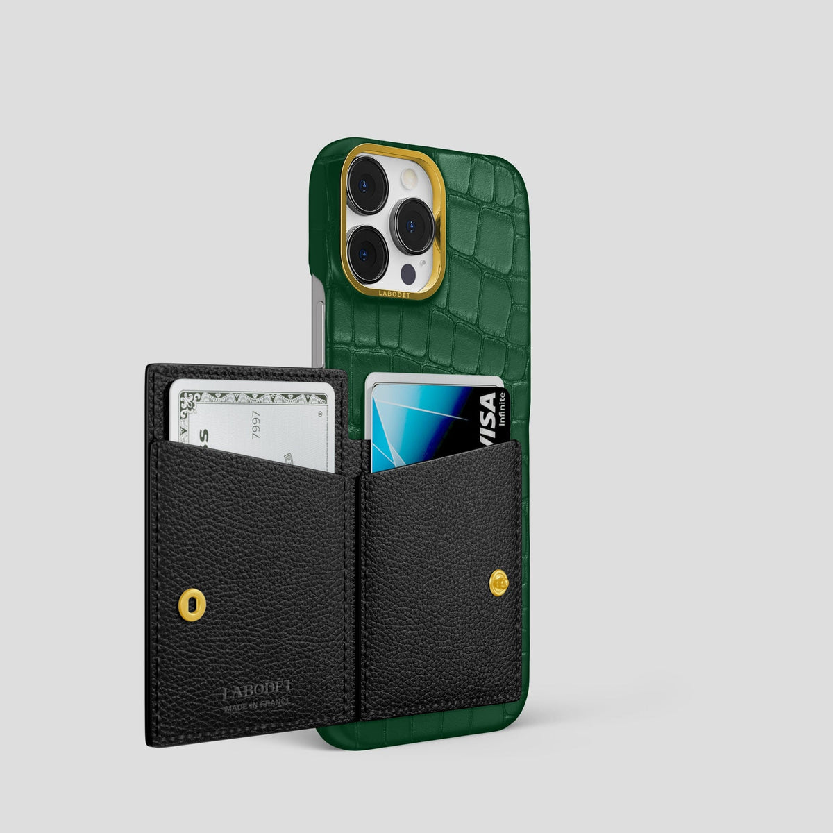 Forest-Green iPhone 15 Pro Bi-Fold Case Alligator with Gold Metal -3 | Forest-Green-Gold