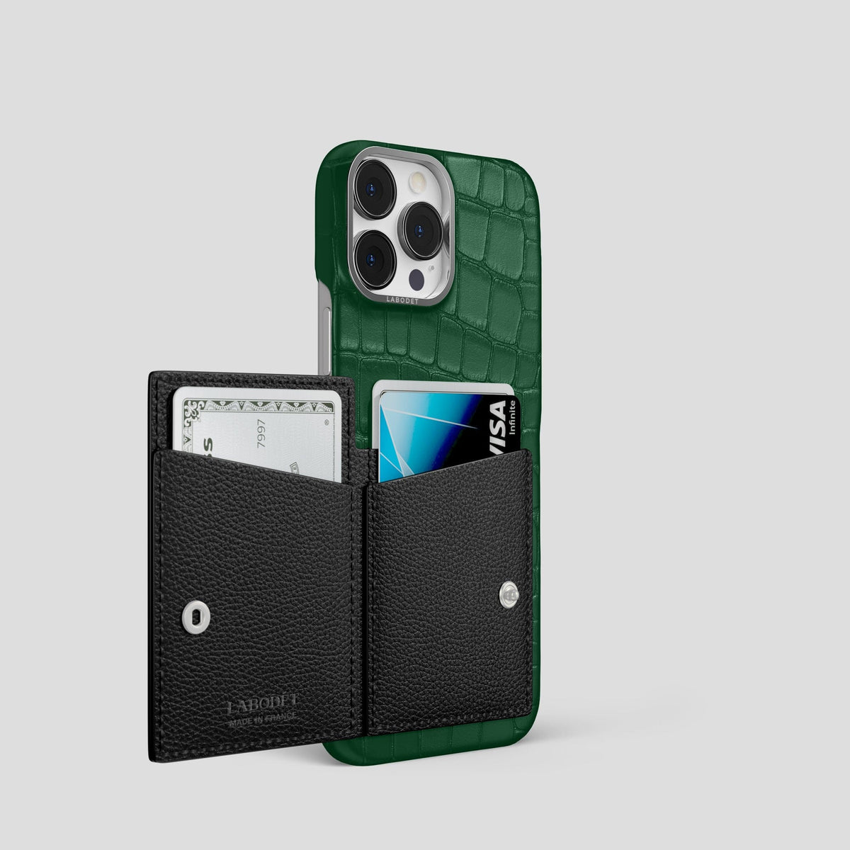 Forest-Green iPhone 15 Pro Bi-Fold Case Alligator with Steel Metal -3 | Forest-Green-Steel