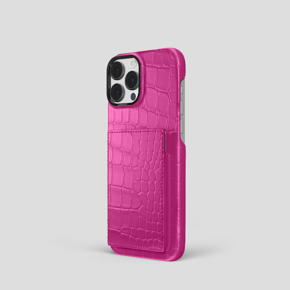 Fuchsia iPhone 15 Pro Bi-Fold Case Alligator with Black Metal -1 | Fuchsia-Black