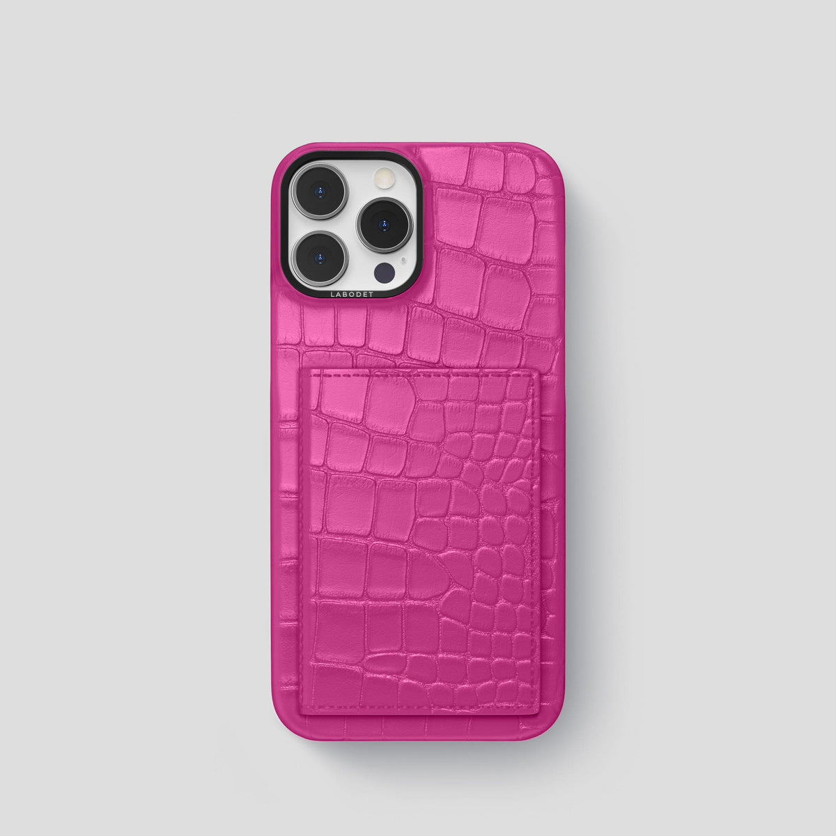 Fuchsia iPhone 15 Pro Bi-Fold Case Alligator with Black Metal -2 | Fuchsia-Black