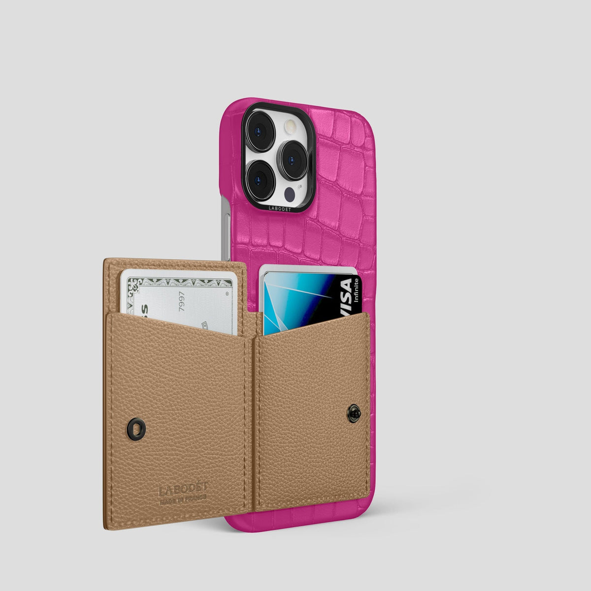 Fuchsia iPhone 15 Pro Bi-Fold Case Alligator with Black Metal -3 | Fuchsia-Black