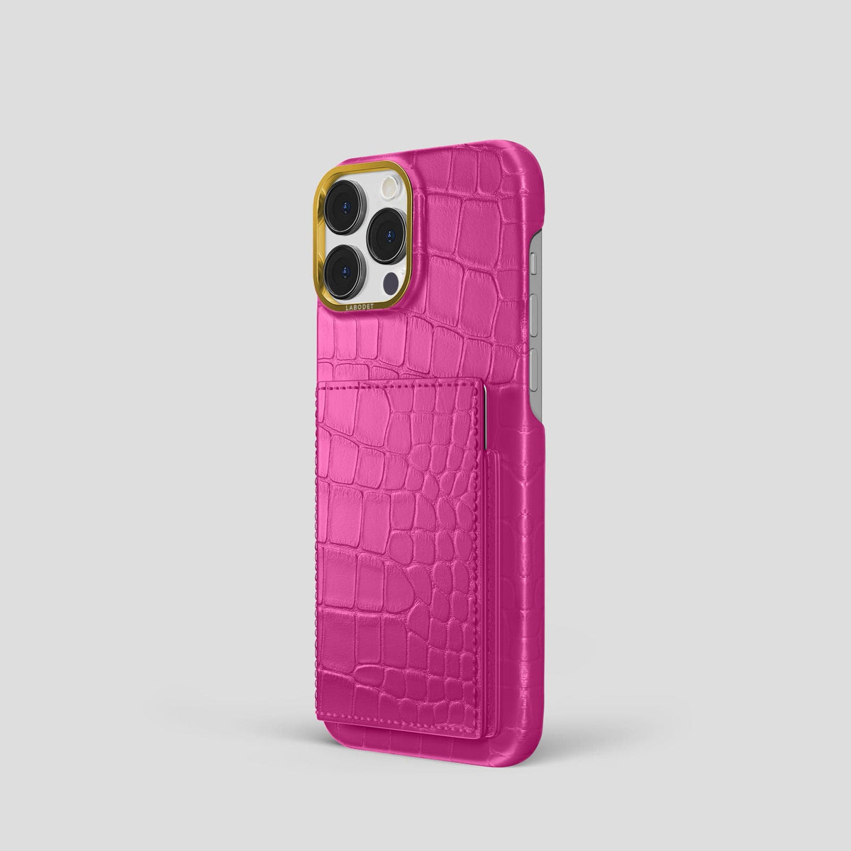 Fuchsia iPhone 15 Pro Bi-Fold Case Alligator with Gold Metal -1 | Fuchsia-Gold