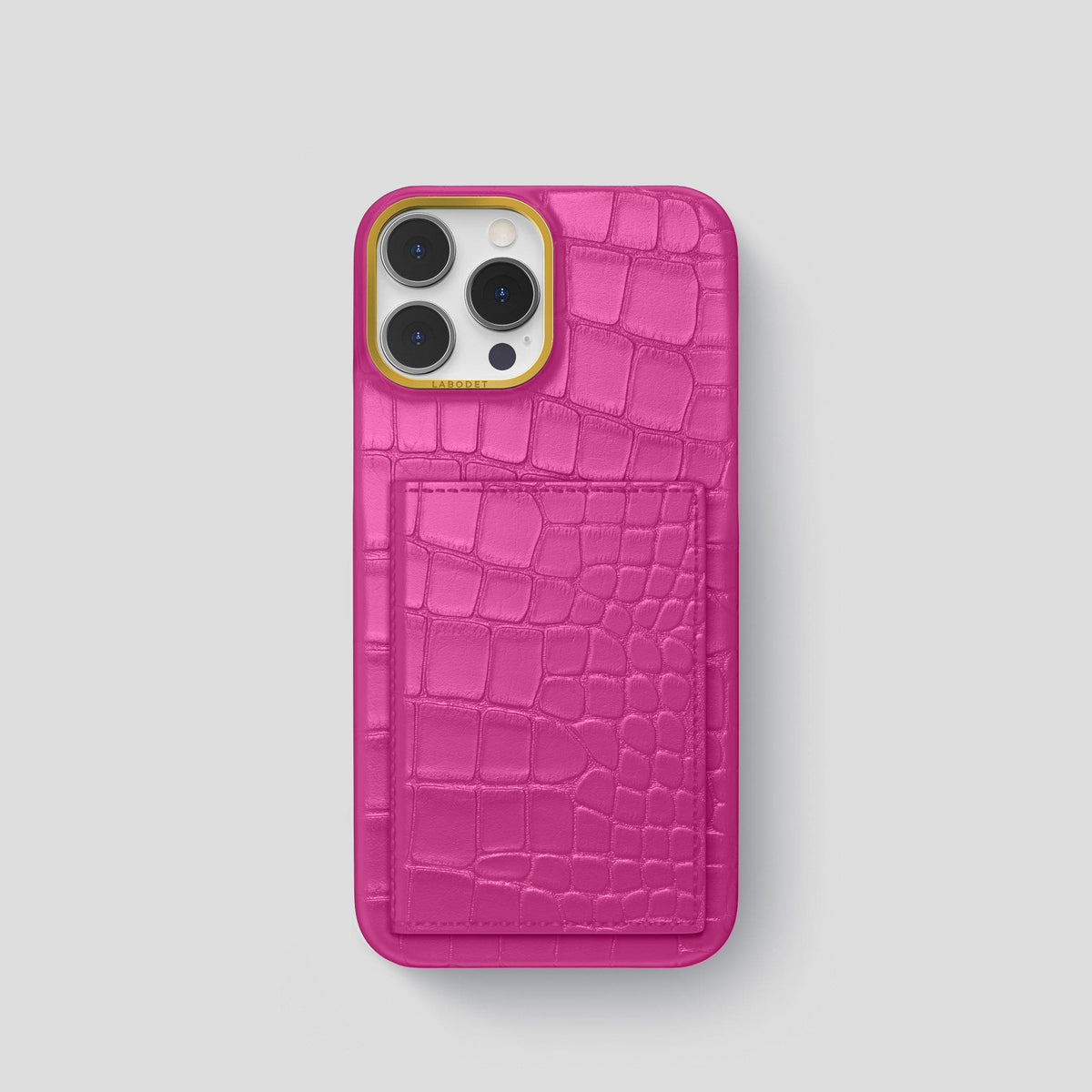 Fuchsia iPhone 15 Pro Bi-Fold Case Alligator with Gold Metal -2 | Fuchsia-Gold