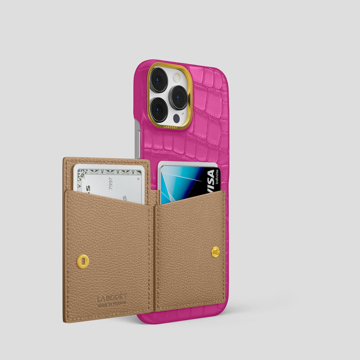 Fuchsia iPhone 15 Pro Bi-Fold Case Alligator with Gold Metal -3 | Fuchsia-Gold