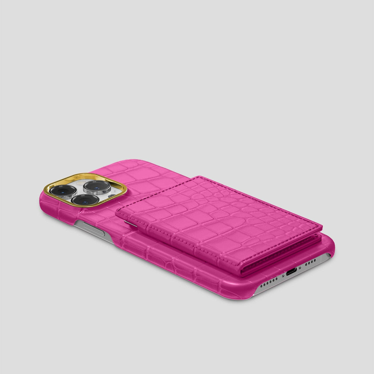Fuchsia iPhone 15 Pro Bi-Fold Case Alligator with Gold Metal -4 | Fuchsia-Gold