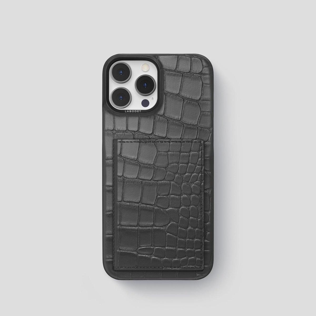 Grey iPhone 15 Pro Bi-Fold Case Alligator with Black Metal -2 | Grey-Black