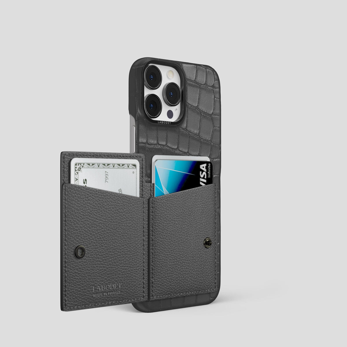 Grey iPhone 15 Pro Bi-Fold Case Alligator with Black Metal -3 | Grey-Black