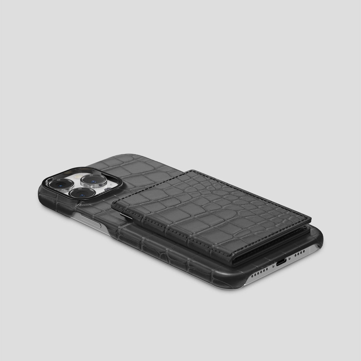 Grey iPhone 15 Pro Bi-Fold Case Alligator with Black Metal -4 | Grey-Black