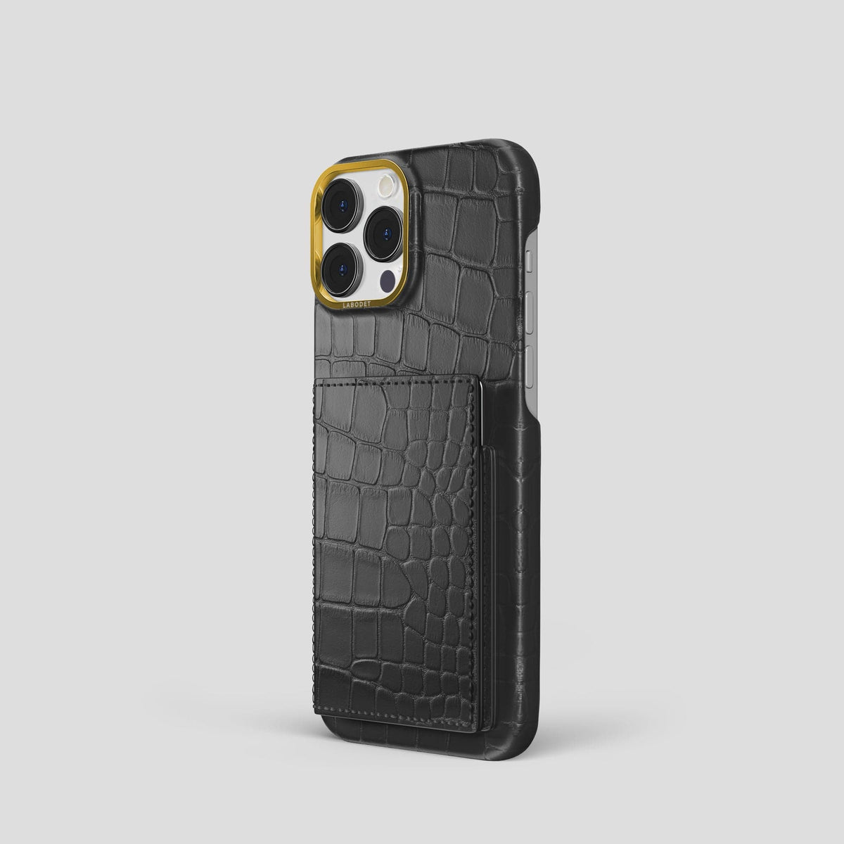 Grey iPhone 15 Pro Bi-Fold Case Alligator with Gold Metal -1 | Grey-Gold