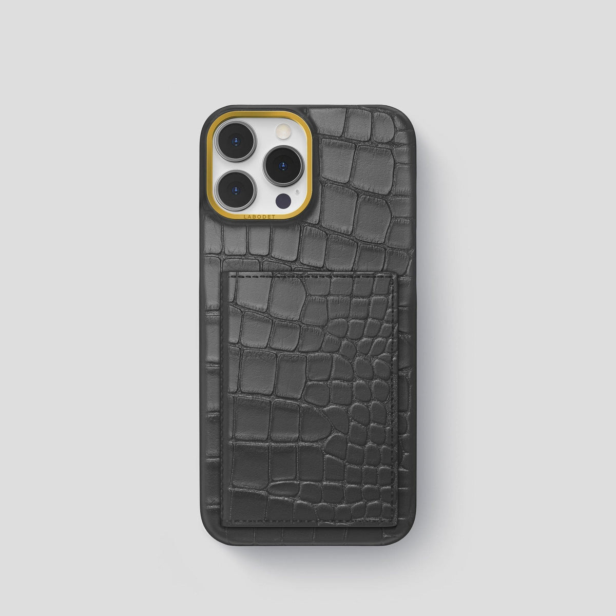 Grey iPhone 15 Pro Bi-Fold Case Alligator with Gold Metal -2 | Grey-Gold