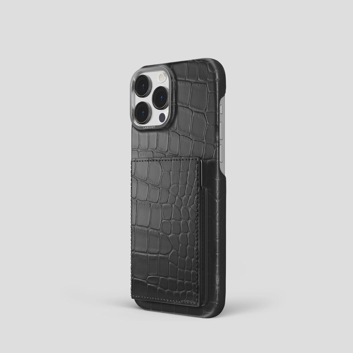 Grey iPhone 15 Pro Bi-Fold Case Alligator with Steel Metal -1 | Grey-Steel