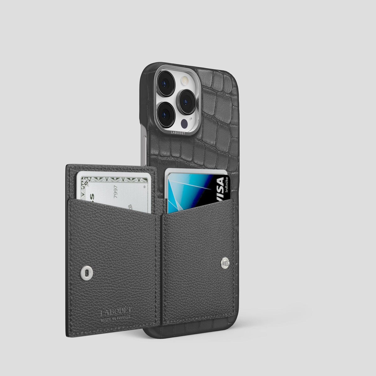 Grey iPhone 15 Pro Bi-Fold Case Alligator with Steel Metal -3 | Grey-Steel