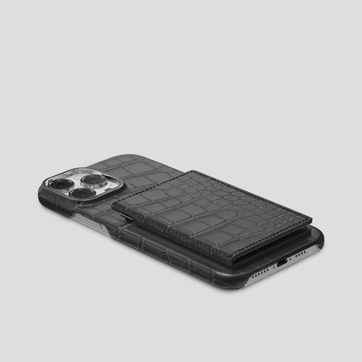 Grey iPhone 15 Pro Bi-Fold Case Alligator with Steel Metal -4 | Grey-Steel
