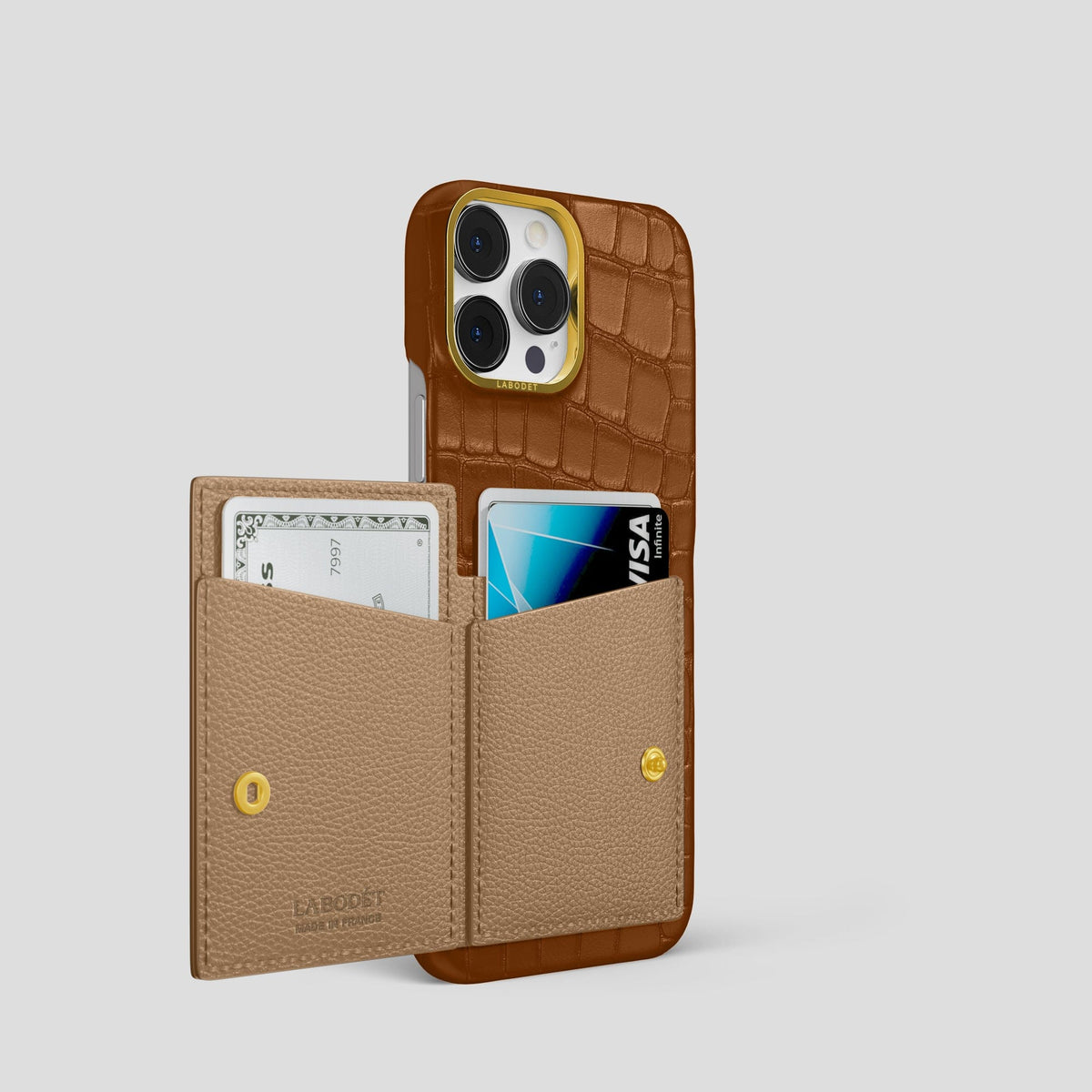 Honey iPhone 15 Pro Bi-Fold Case Alligator with Gold Metal -3 | Honey-Gold