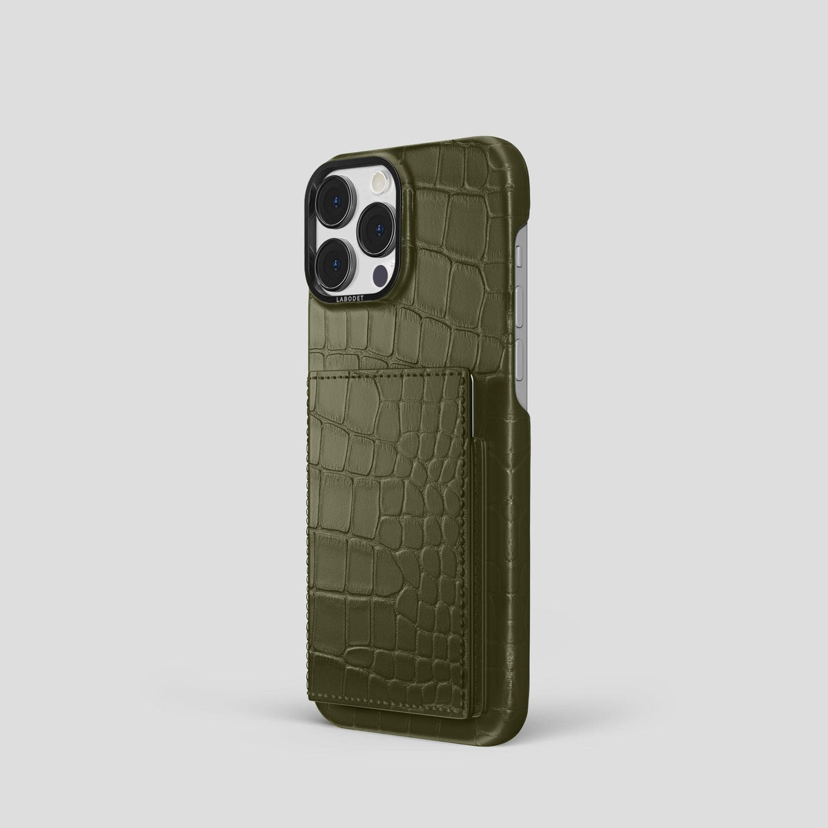 Kaki-Green iPhone 15 Pro Bi-Fold Case Alligator with Black Metal -1 | Kaki-Green-Black