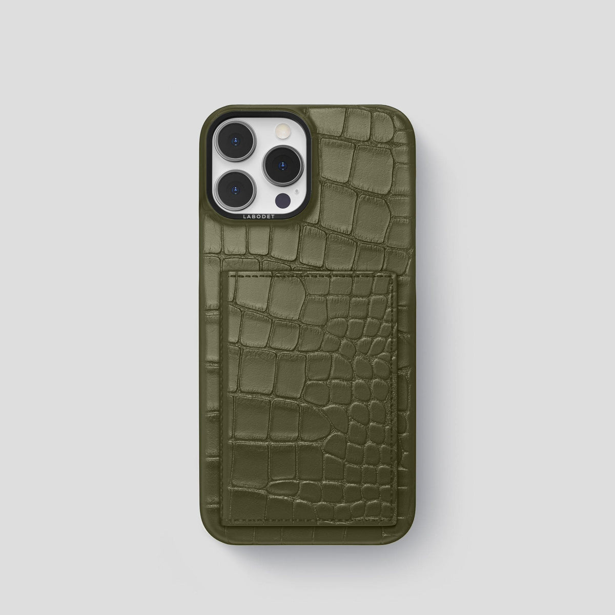 Kaki-Green iPhone 15 Pro Bi-Fold Case Alligator with Black Metal -2 | Kaki-Green-Black