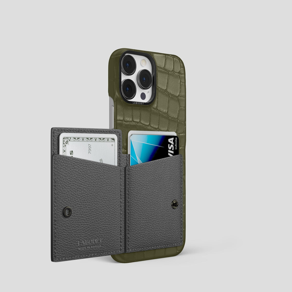 Kaki-Green iPhone 15 Pro Bi-Fold Case Alligator with Black Metal -3 | Kaki-Green-Black