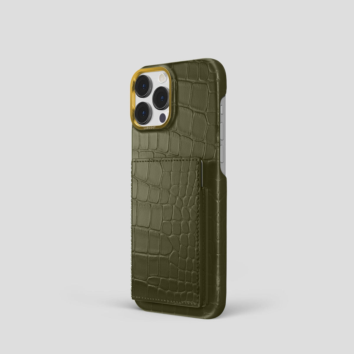 Kaki-Green iPhone 15 Pro Bi-Fold Case Alligator with Gold Metal -1 | Kaki-Green-Gold