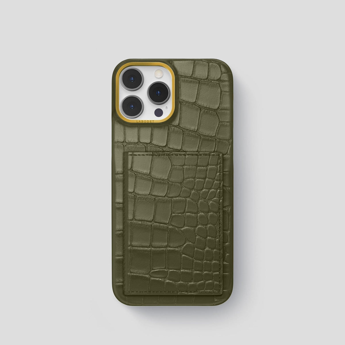 Kaki-Green iPhone 15 Pro Bi-Fold Case Alligator with Gold Metal -2 | Kaki-Green-Gold