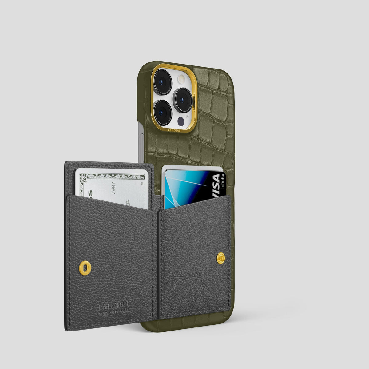 Kaki-Green iPhone 15 Pro Bi-Fold Case Alligator with Gold Metal -3 | Kaki-Green-Gold