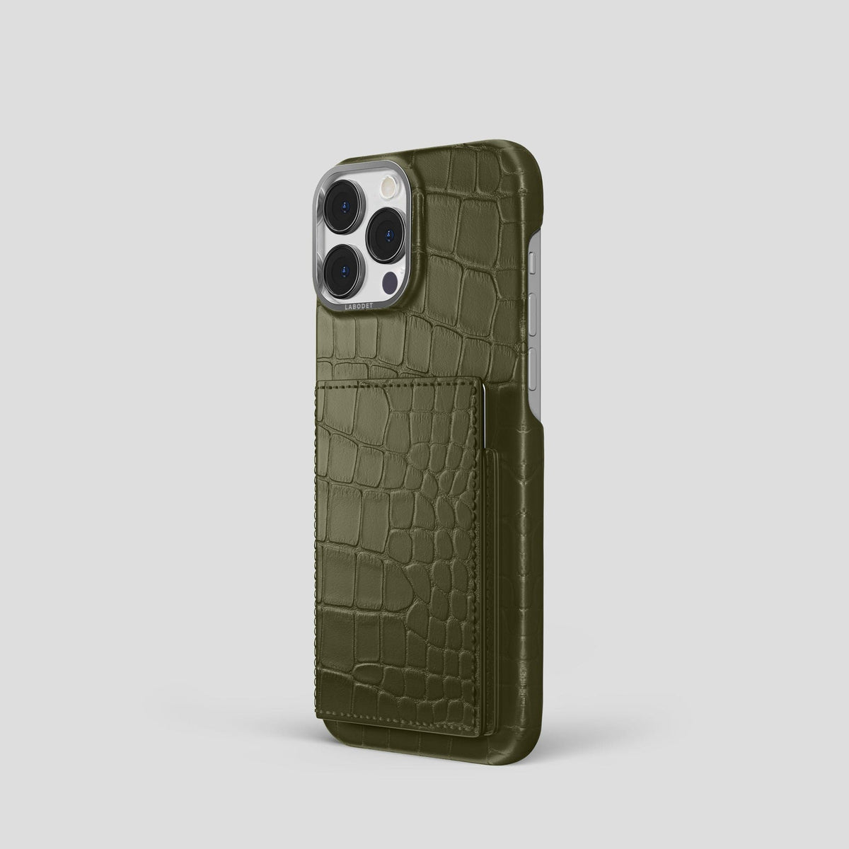 Kaki-Green iPhone 15 Pro Bi-Fold Case Alligator with Steel Metal -1 | Kaki-Green-Steel