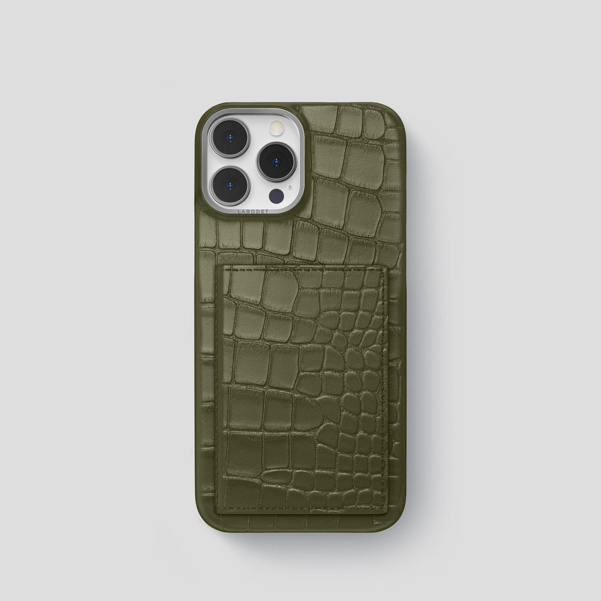Kaki-Green iPhone 15 Pro Bi-Fold Case Alligator with Steel Metal -2 | Kaki-Green-Steel
