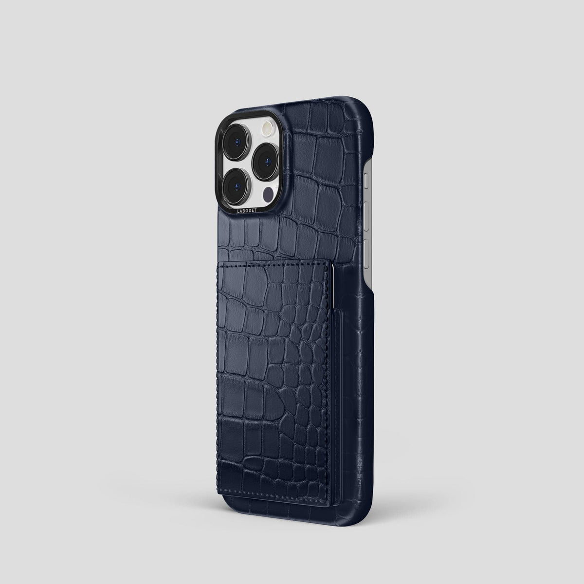 Navy Blue iPhone 15 Pro Bi-Fold Case Alligator with Black Metal -1 | Navy-Blue-Black