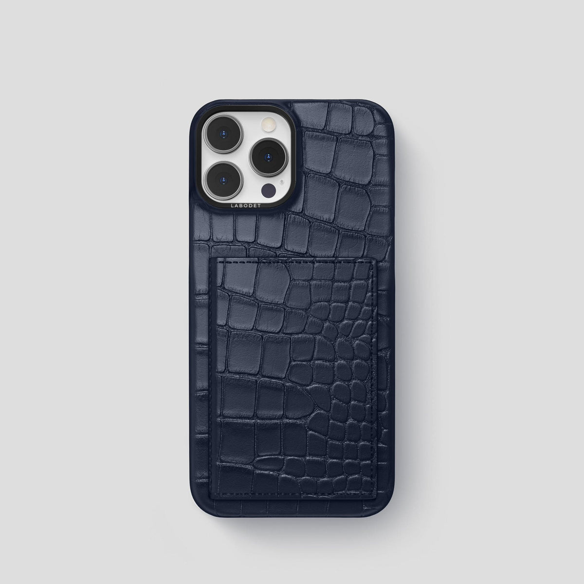 Navy Blue iPhone 15 Pro Bi-Fold Case Alligator with Black Metal -2 | Navy-Blue-Black