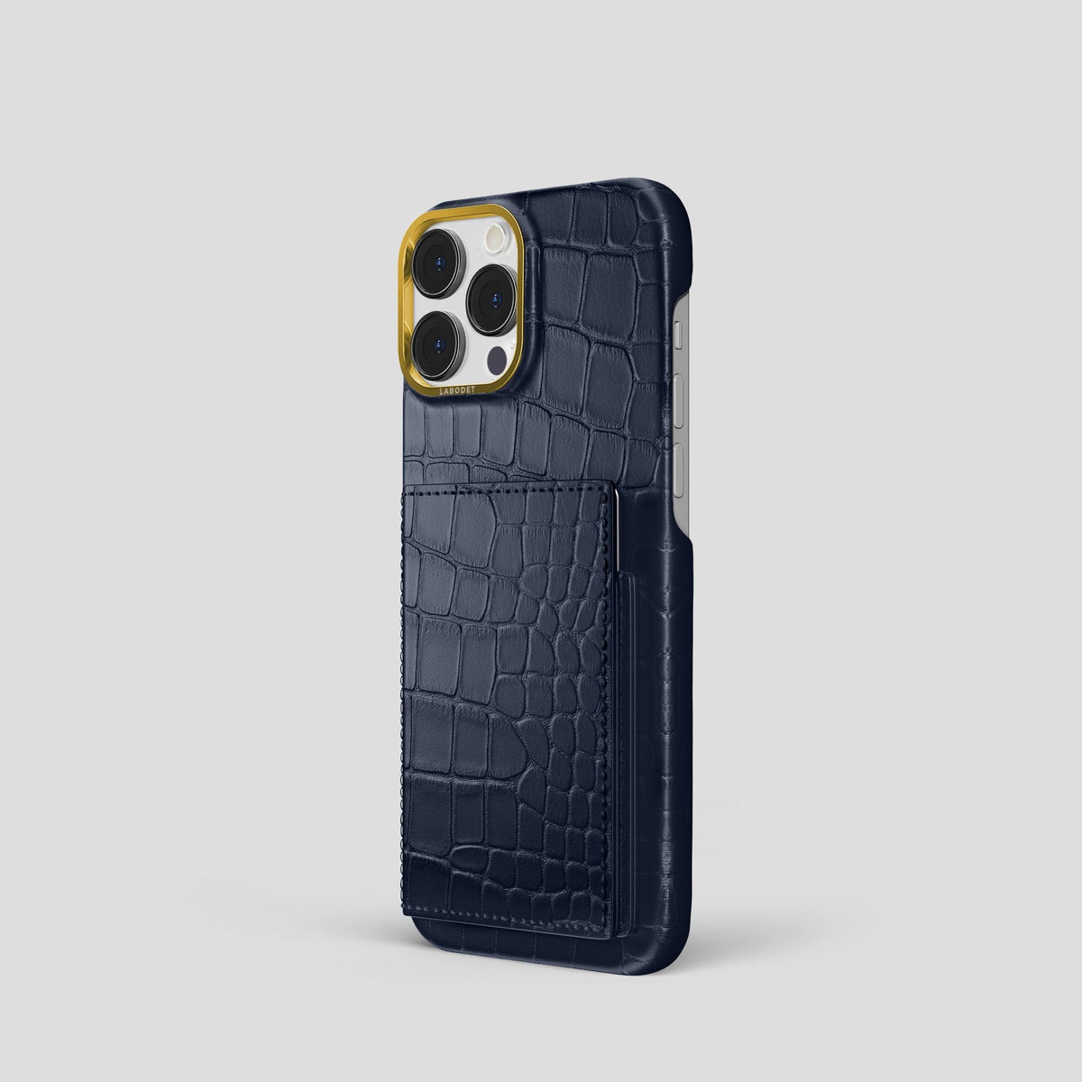 Navy Blue iPhone 15 Pro Bi-Fold Case Alligator with Gold Metal -1 | Navy-Blue-Gold