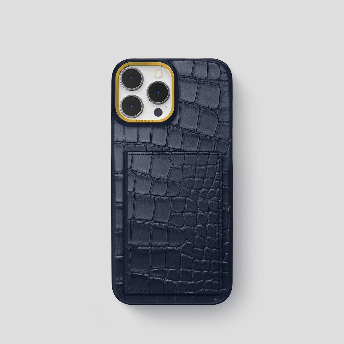 Navy Blue iPhone 15 Pro Bi-Fold Case Alligator with Gold Metal -2 | Navy-Blue-Gold