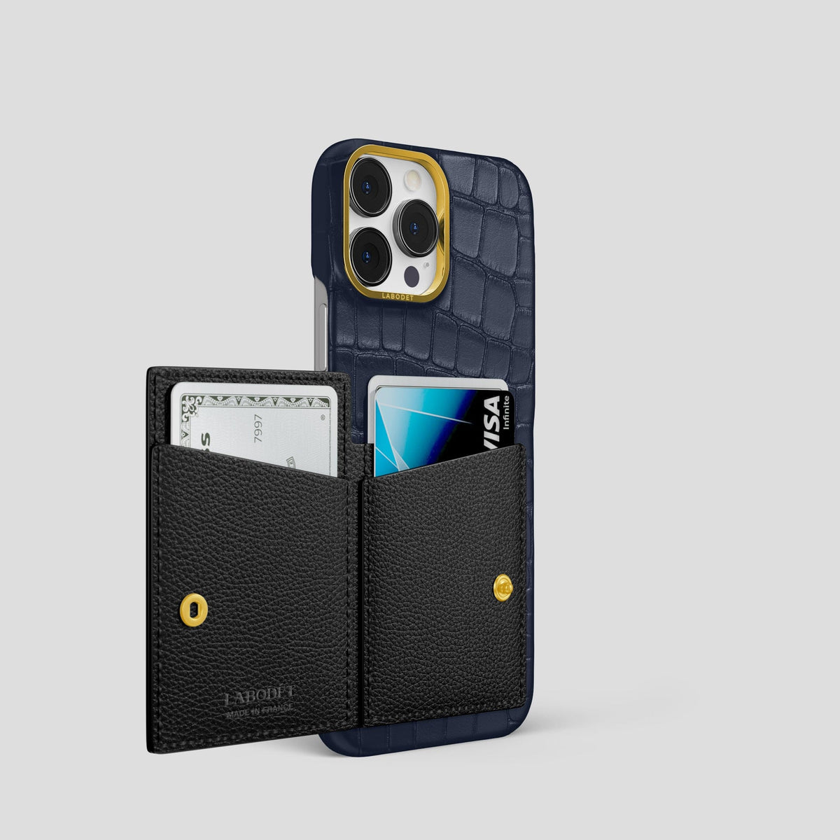 Navy Blue iPhone 15 Pro Bi-Fold Case Alligator with Gold Metal -3 | Navy-Blue-Gold