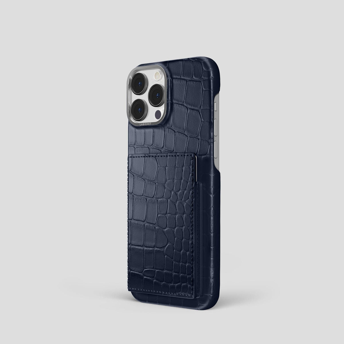 Navy Blue iPhone 15 Pro Bi-Fold Case Alligator with Steel Metal -1 | Navy-Blue-Steel