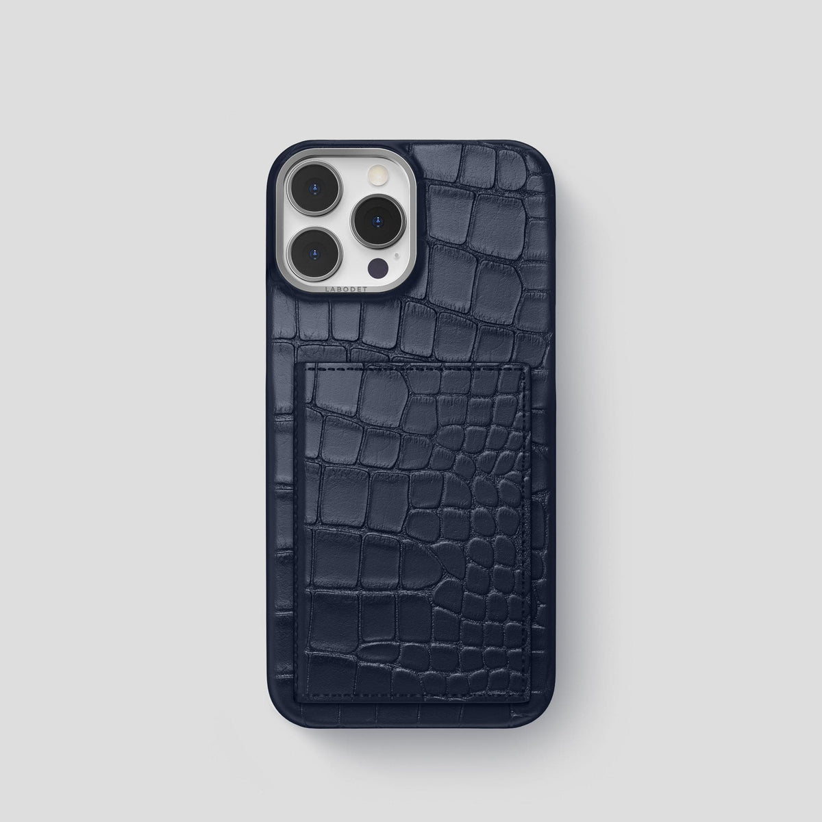 Navy Blue iPhone 15 Pro Bi-Fold Case Alligator with Steel Metal -2 | Navy-Blue-Steel