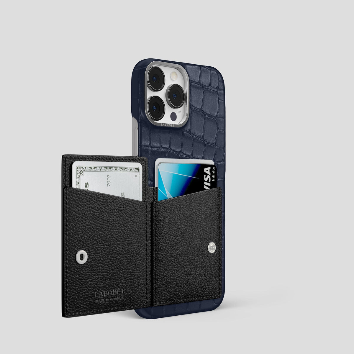 Navy Blue iPhone 15 Pro Bi-Fold Case Alligator with Steel Metal -3 | Navy-Blue-Steel