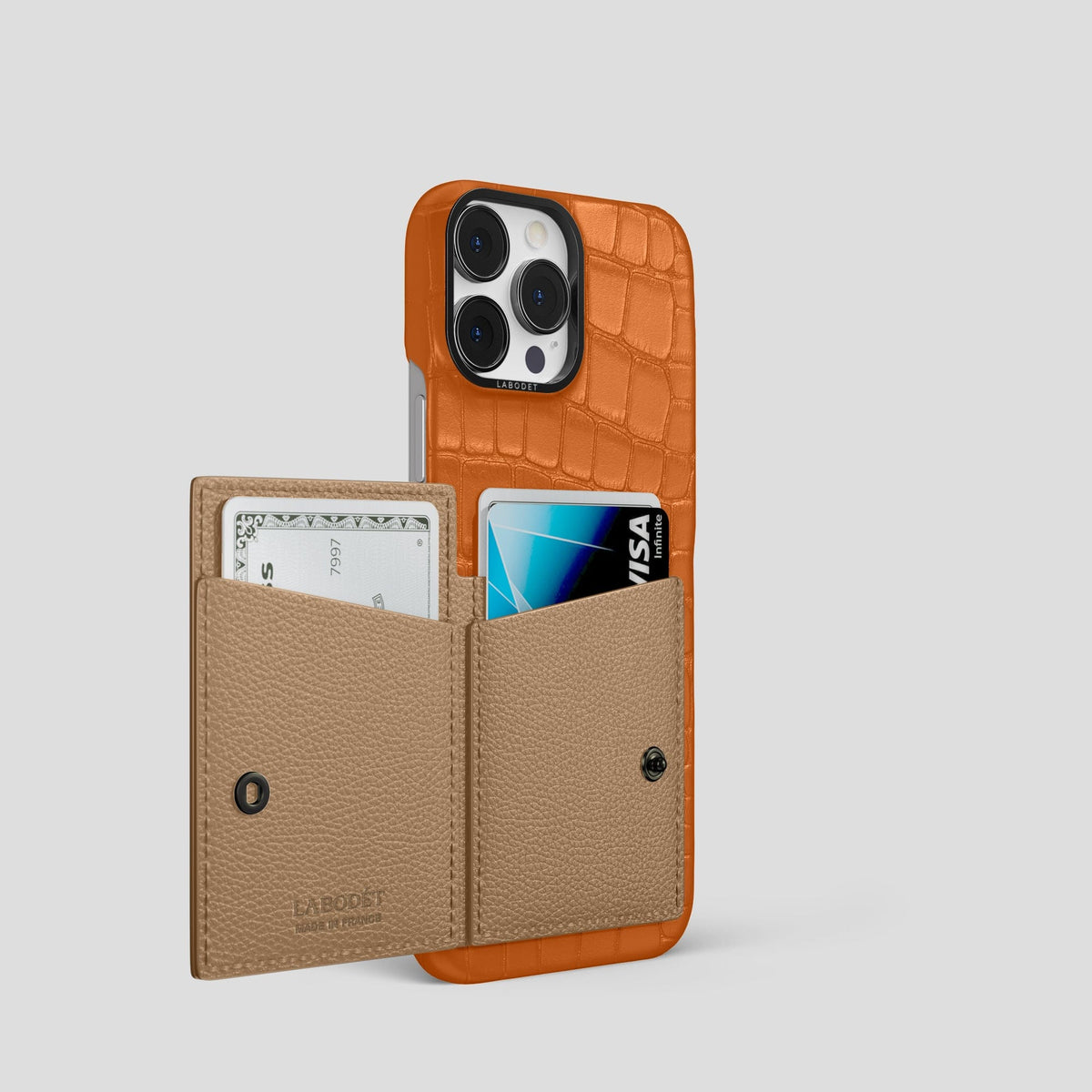 Orange iPhone 15 Pro Bi-Fold Case Alligator with Black Metal -3 | Orange-Black