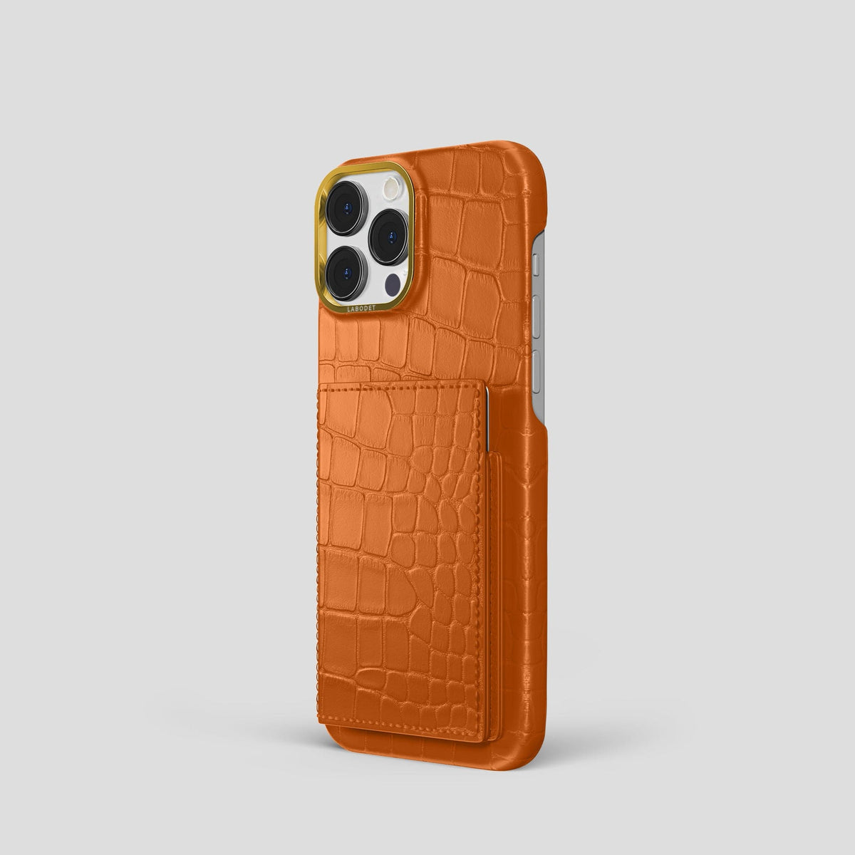 Orange iPhone 15 Pro Bi-Fold Case Alligator with Gold Metal -1 | Orange-Gold