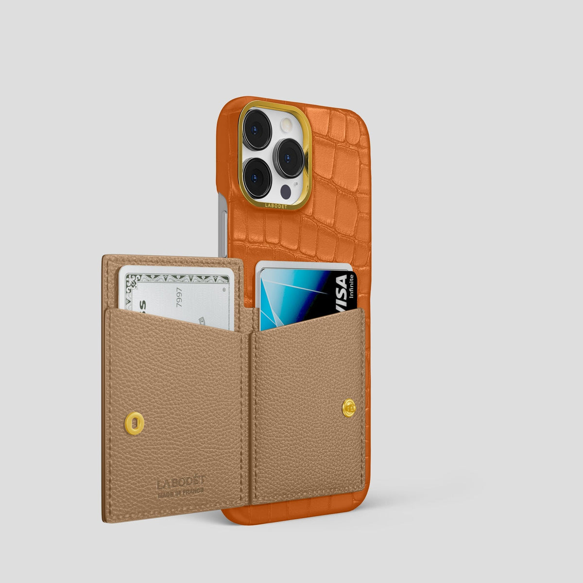 Orange iPhone 15 Pro Bi-Fold Case Alligator with Gold Metal -3 | Orange-Gold