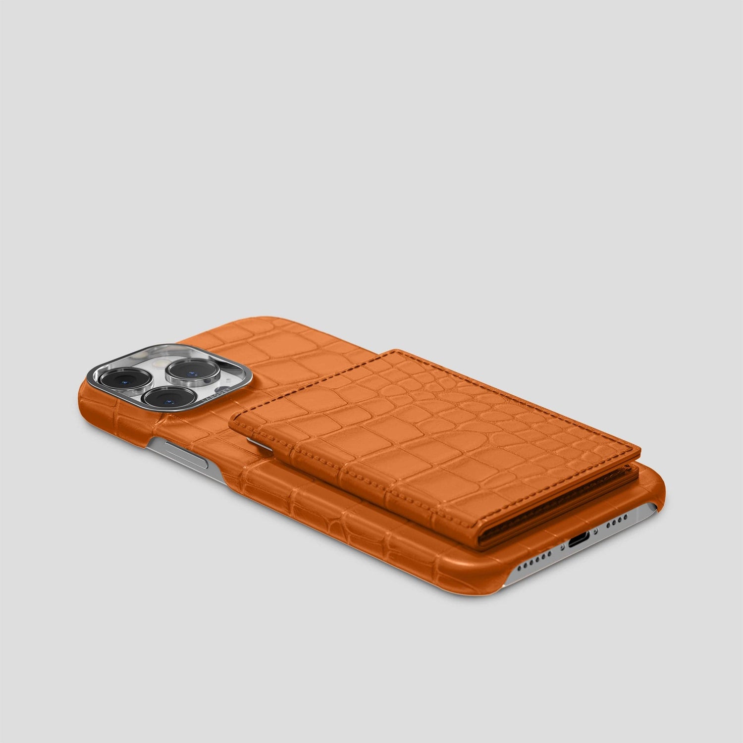 Orange iPhone 15 Pro Bi-Fold Case Alligator with Steel Metal -4 | Orange-Steel