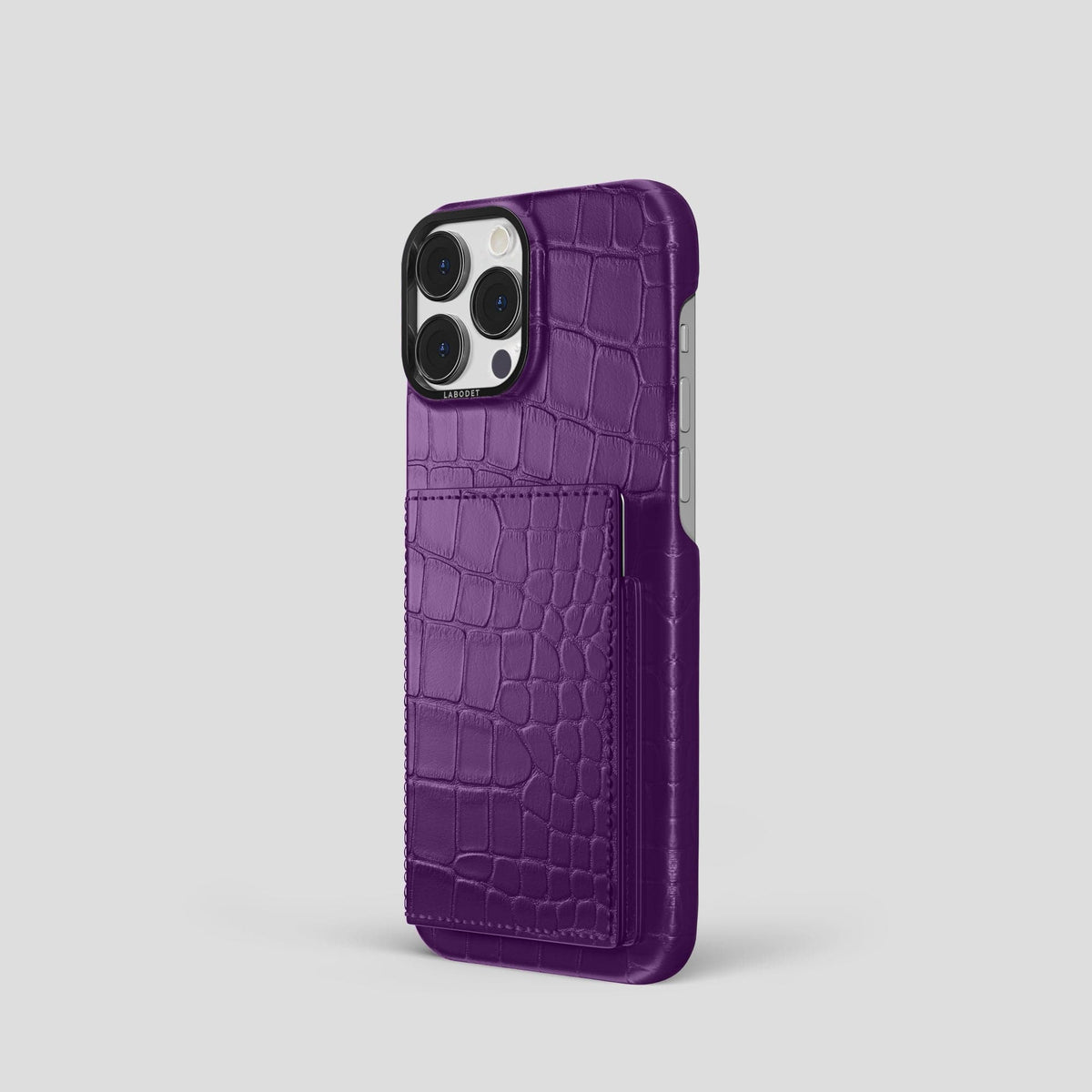 Purple iPhone 15 Pro Bi-Fold Case Alligator with Black Metal -1 | Purple-Black