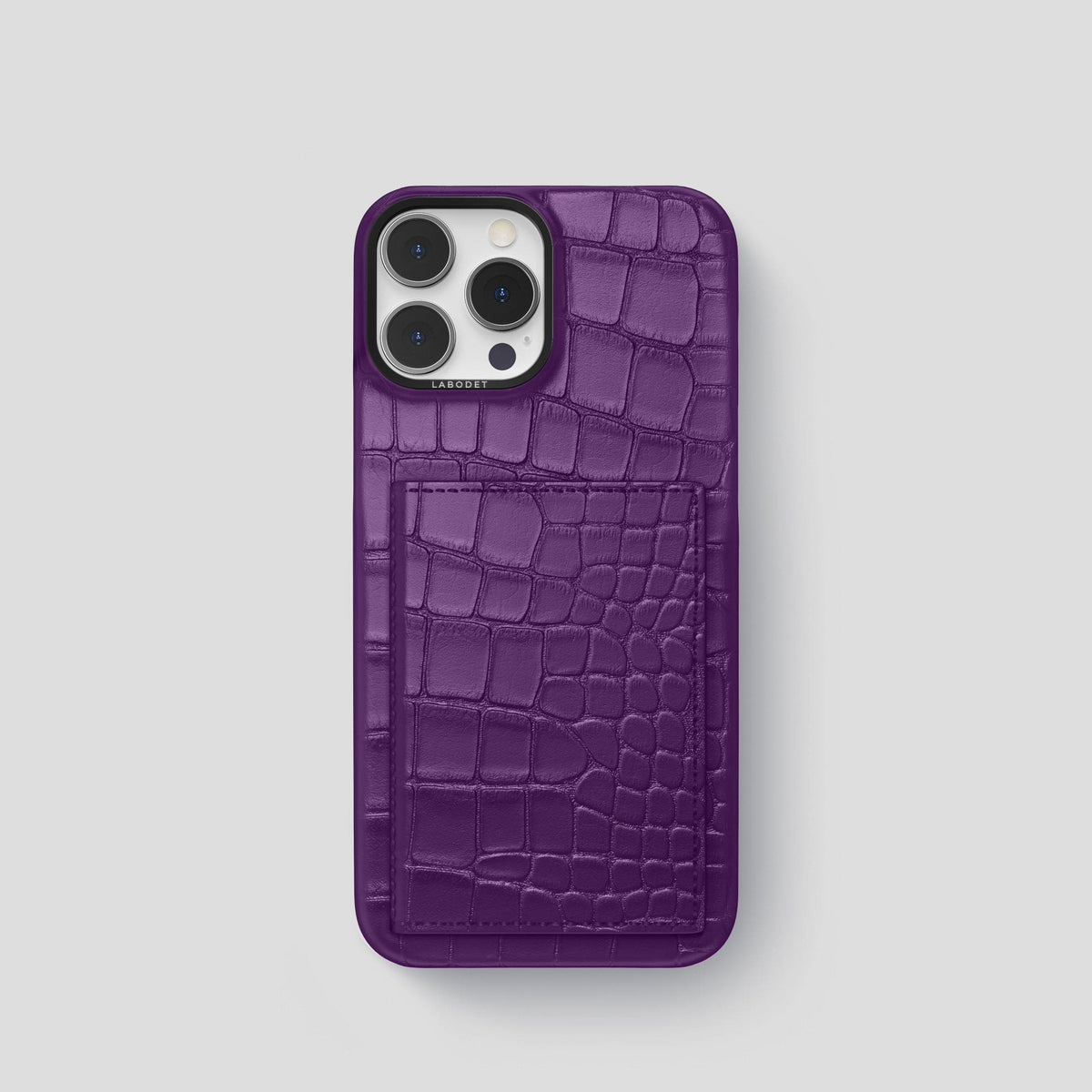 Purple iPhone 15 Pro Bi-Fold Case Alligator with Black Metal -2 | Purple-Black