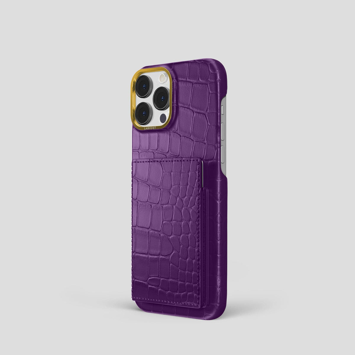 Purple iPhone 15 Pro Bi-Fold Case Alligator with Gold Metal -1 | Purple-Gold