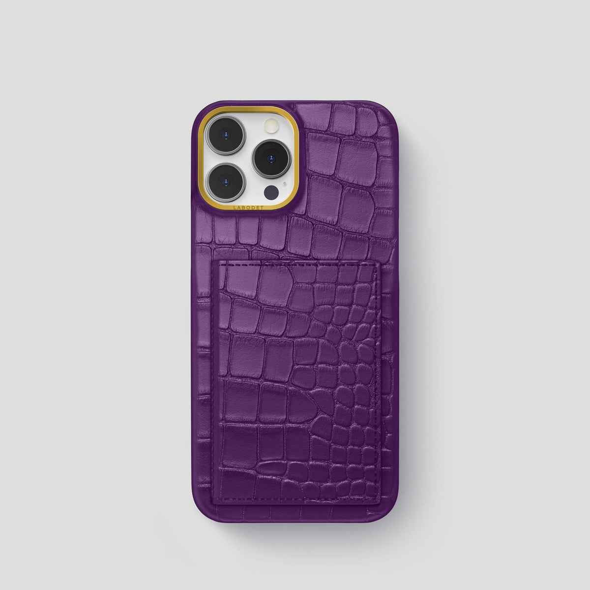 Purple iPhone 15 Pro Bi-Fold Case Alligator with Gold Metal -2 | Purple-Gold