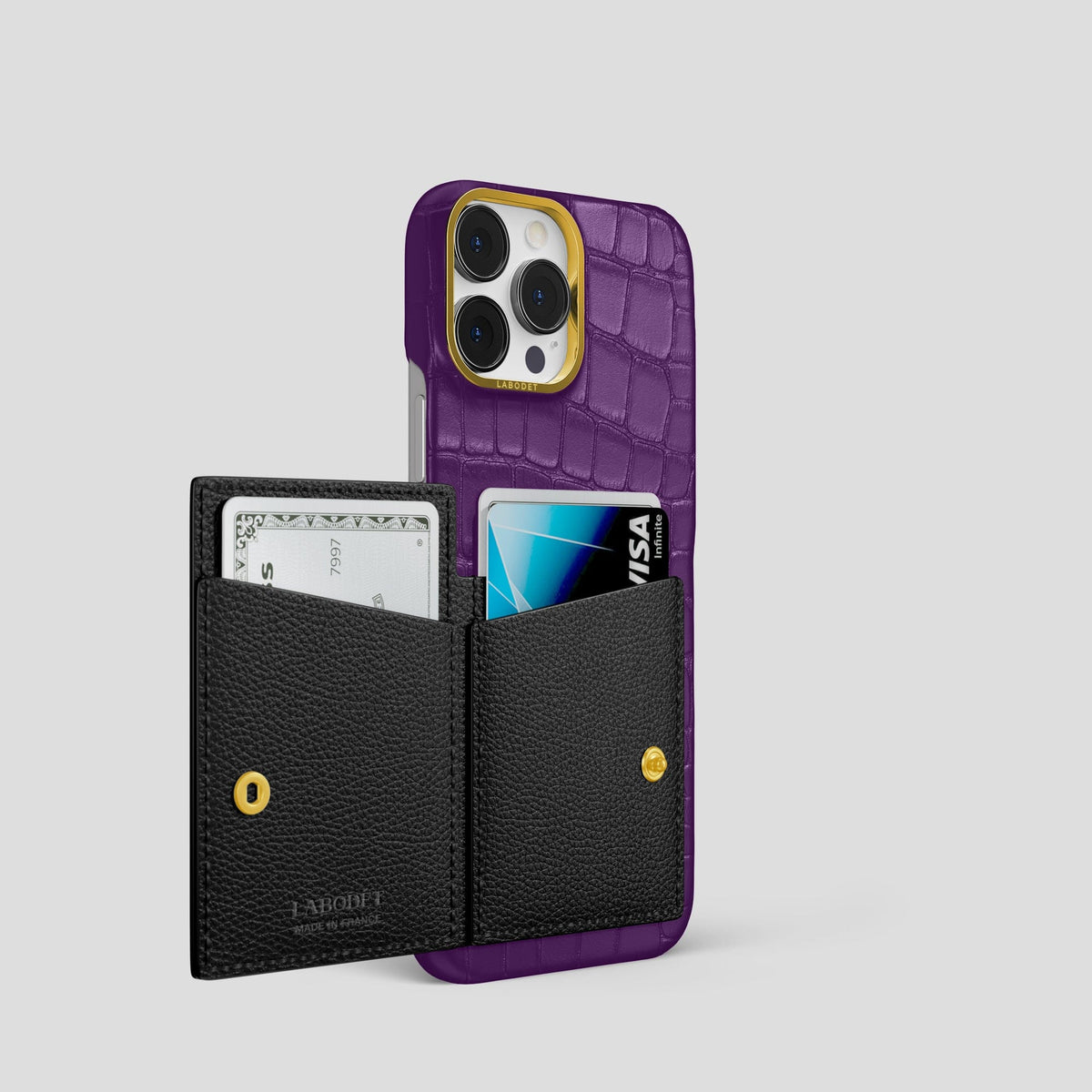 Purple iPhone 15 Pro Bi-Fold Case Alligator with Gold Metal -3 | Purple-Gold
