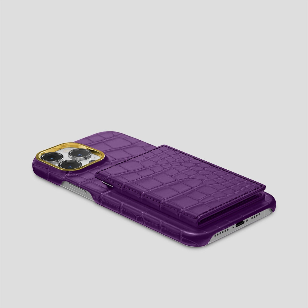 Purple iPhone 15 Pro Bi-Fold Case Alligator with Gold Metal -4 | Purple-Gold