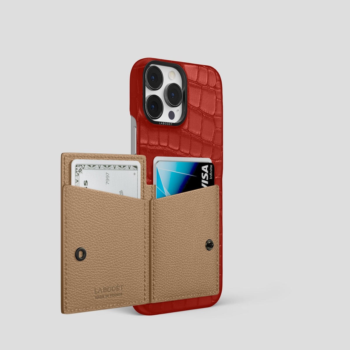 Red iPhone 15 Pro Bi-Fold Case Alligator with Black Metal -3 | Red-Black