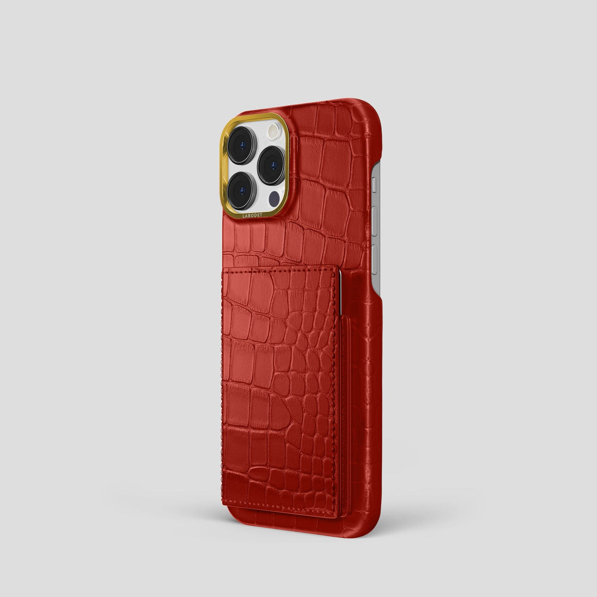 Red iPhone 15 Pro Bi-Fold Case Alligator with Gold Metal -1 | Red-Gold