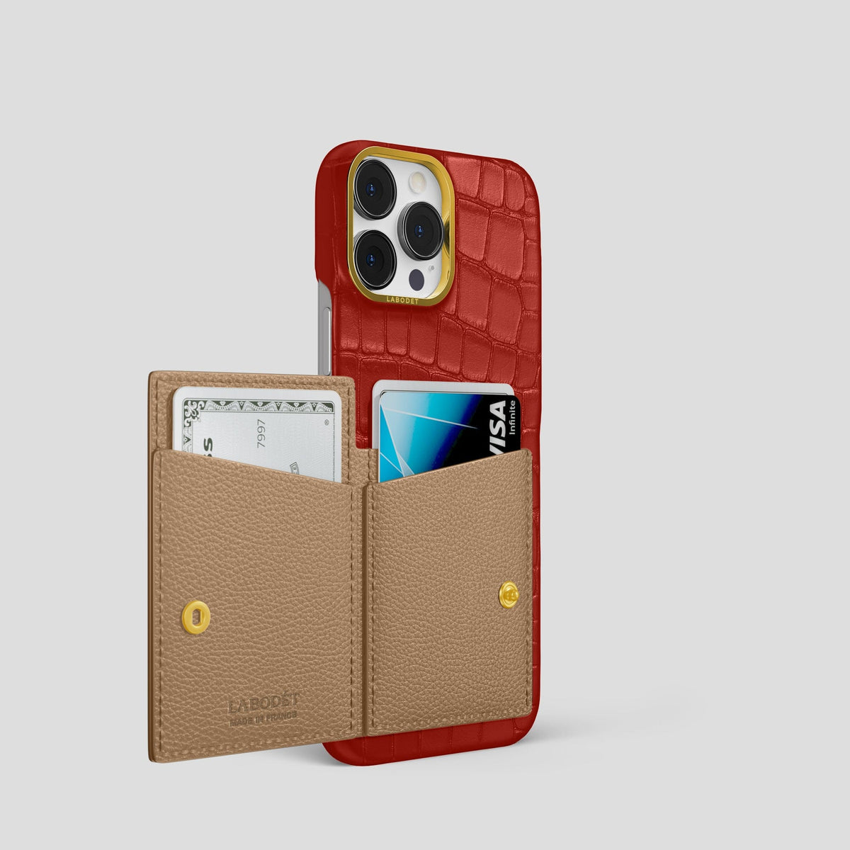 Red iPhone 15 Pro Bi-Fold Case Alligator with Gold Metal -3 | Red-Gold