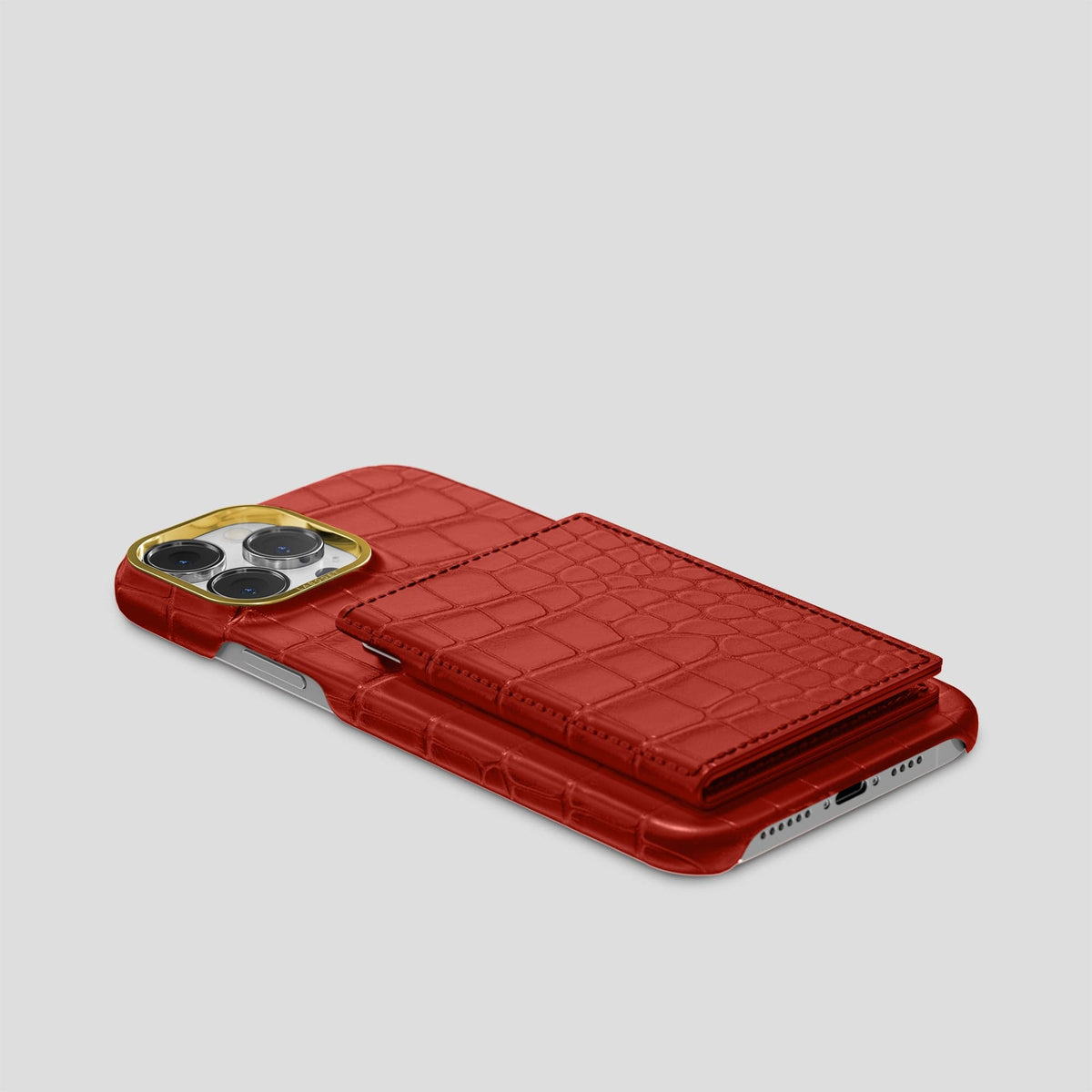 Red iPhone 15 Pro Bi-Fold Case Alligator with Gold Metal -4 | Red-Gold