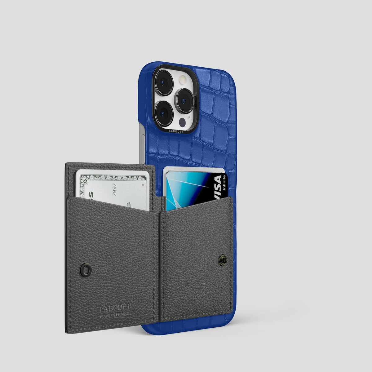 Royal Blue iPhone 15 Pro Bi-Fold Case Alligator with Black Metal -3 | Royal-Blue-Black